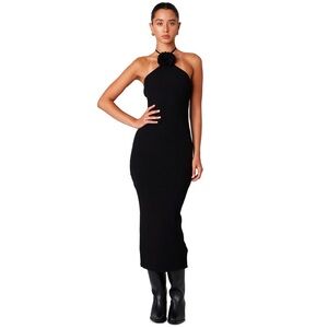 Black Halter Midi Dress with Floral Neck Detail